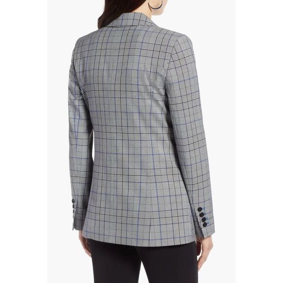 Plaid Blazer Women's Double Breasted Checkered Career Jacket Gray Blue - Picture 3 of 8